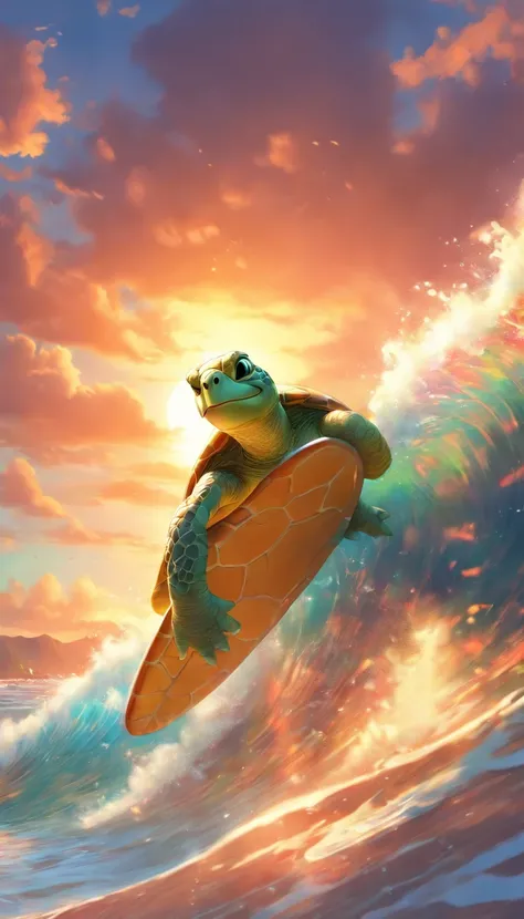 (masterpiece, best quality, ultra-detailed, 8k wallpaper, photorealistic), a cool anthropomorpic turtle as a hawaiian surfer, surfing on a surfboard, maui beach, tall waves, natural lighting