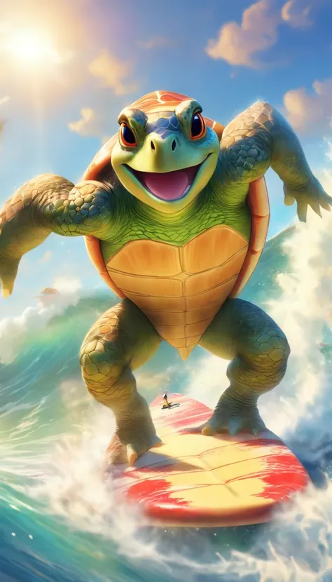 (masterpiece, best quality, ultra-detailed, 8k wallpaper, photorealistic), a cool anthropomorpic turtle as a hawaiian surfer, surfing on a surfboard, maui beach, tall waves, natural lighting