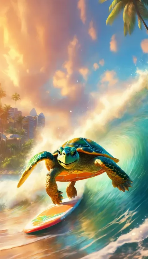 (masterpiece, best quality, ultra-detailed, 8k wallpaper, photorealistic), a cool anthropomorpic turtle as a hawaiian surfer, surfing on a surfboard, maui beach, tall waves, natural lighting