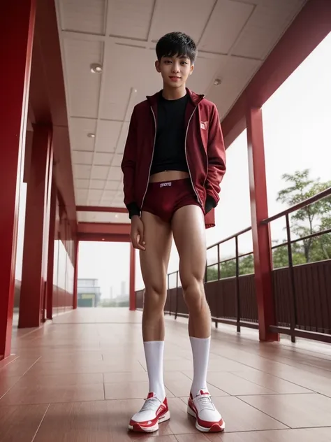 16 years old teenagers , very young , light-skin , wearing an dark red sexy underwear, tmasterpiece，k hd，the feet，Transparent sports vest，semi transparent，black long socks，The barefoot , red colour , handsome and cute , extreme cute boy , white skin , dark...