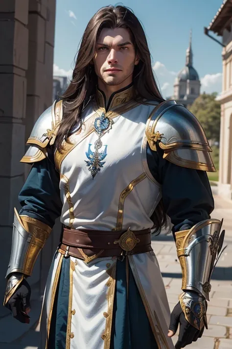 caucasian human male, with long black hair with brown highlights, rich green eyes, very muscular, with a stern look. wearing a light royal blue with white accents tabard, silver gauntlets,  shinning silver metal chest and shoulder plate mail trimmed with g...