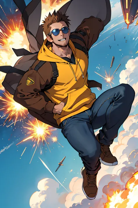 A guy in a yellow hoodie, sunglasses, spiky brown hair, and blue jeans jumping away from an explosion