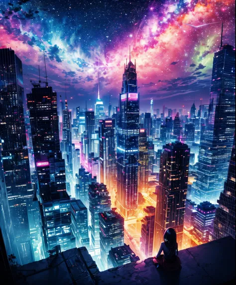 Cute girl characters、 Night view from a high place、Drawing a large number of skyscrapers, Looking up at the starry sky. Surround her with colorful nebulae and colorful metropolis.