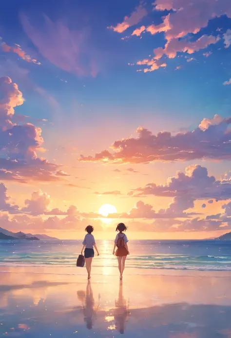 landscape, Summer, Sunset, Okinawa, Sea, unmanned, Beach, nobody, Hot weather, Sunset, HD Detail, Ultra Detail, movie, Hyper-Realism, Soft light, Deep focus bokeh, Ray tracing, Art Station Pixiv Gees, By Shinkai Makoto, Art Germ