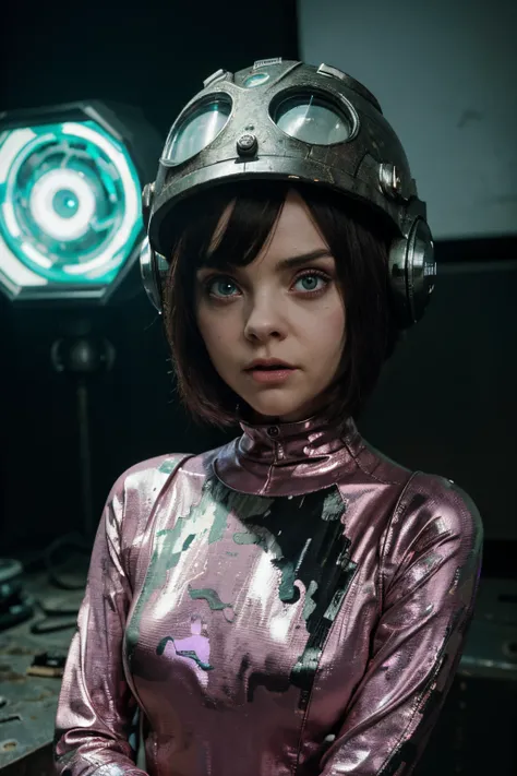 A Modern flat toon Crazy whit a Big ONE a Only Eye Robot and helmet Style, like Christina Ricci in PINK, tongs in hands, Tv head, pinhead, camouflage Pink Light Green Rusty, Ambient in a meteorite crater super detailed, center, beautiful, soft lighting, fo...