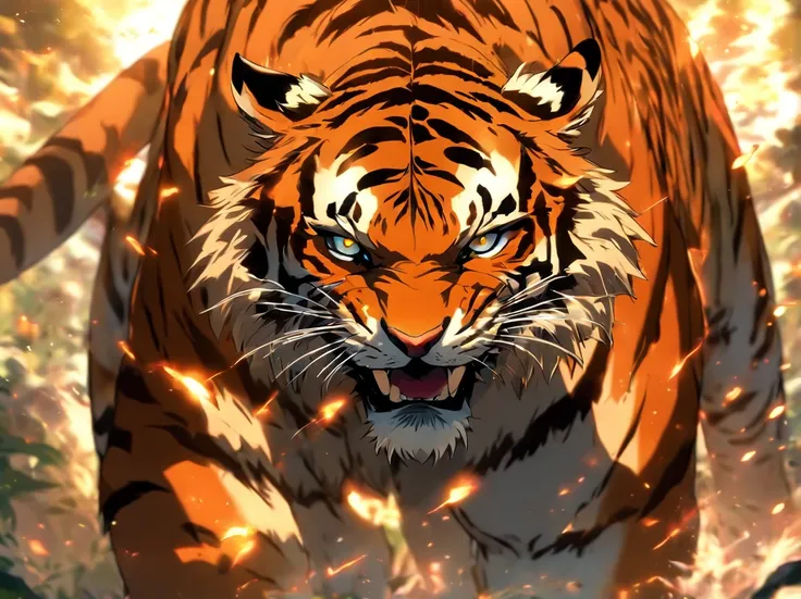 (best quality,ultra-detailed,realistic:1.37),tiger,armored,blue and red eyes,shiny metal armor,vibrant colors,detailed fur,ferocious expression,roaring,wilderness background,sharp claws,powerful and majestic stance,ray of light,striking contrast,fierce pre...