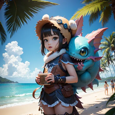 超A high resolution、An ultra-high picture quality、8K、Detailed details、marvelous expression、Lots of kids、many small, A comical and cute monster becomes your friend.....、everyone is playing together、Monster Hunter Character Costumes、Beach background with palm...