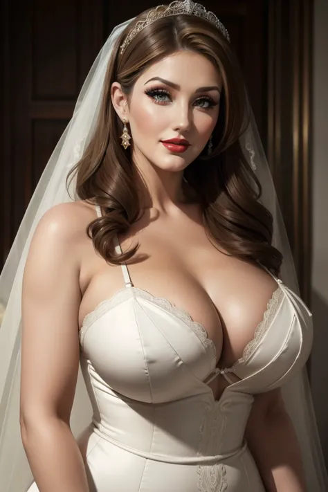 Lucy pinder, smiling, voluptuous, neckline, ((VERY INTENSE MAKEUP)), sexy outfit, Adele, bride, red lipstick