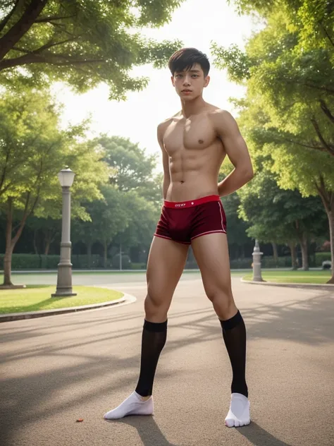 16 years old teenagers , very young , light-skin , wearing an dark red sexy underwear, tmasterpiece，k hd，the feet，Transparent sports vest，semi transparent，black long socks，The barefoot , red colour , handsome and cute , extreme cute boy , white skin , dark...