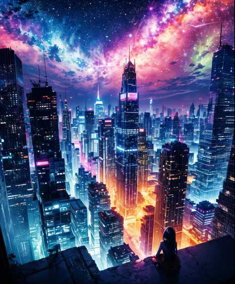 Cute girl characters、 Night view from a high place、Drawing a large number of skyscrapers, Looking up at the starry sky. Surround her with colorful nebulae and colorful metropolis.