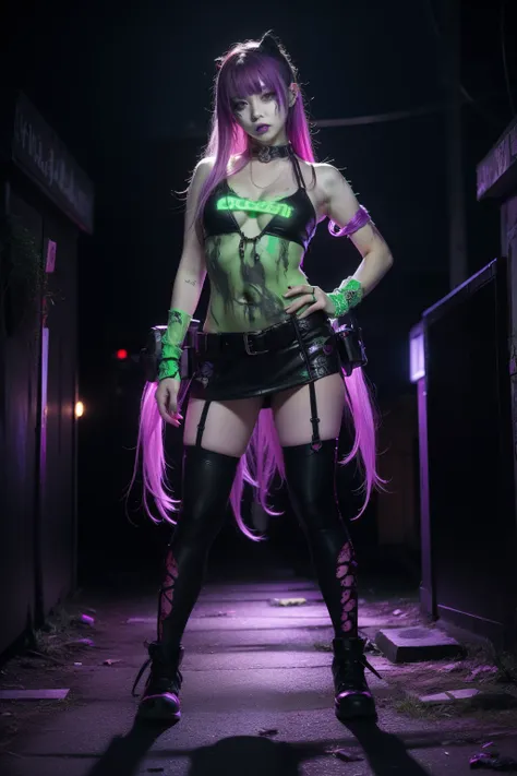 Female idol covered in zombies、full body Esbian、zombie cyberpunk fashion（fluorescent purple and green）、cyberpunk cemetery、Luminescent