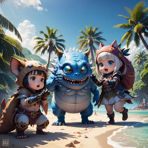 超A high resolution、An ultra-high picture quality、8K、Detailed details、marvelous expression、Lots of kids、many small, A comical and cute monster becomes your friend......、everyone is playing together、Monster Hunter Character Costumes、Beach background with pal...