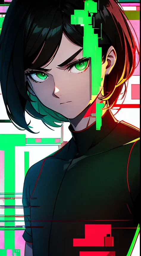 A serious teenage man, black hair, light green eyes black and red clothes. your body is full of glitch, your power is glitch, there are glitch throughout your body