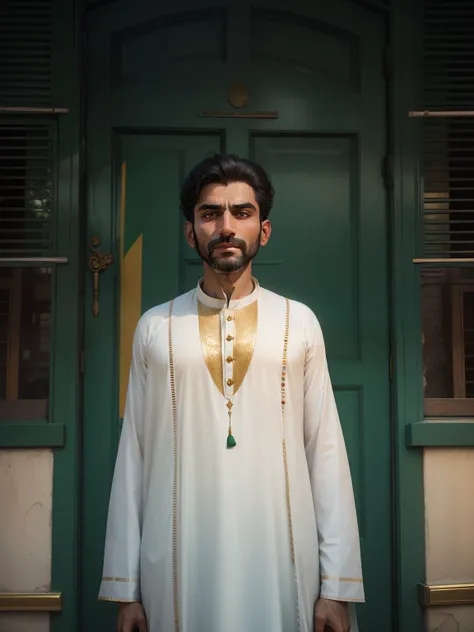 Picture a heartwarming scene of a man standing tall and proud, holding the Pakistani flag in his hand. He is dressed in a traditional Pakistani outfit, embodying the essence of "Jash e Azadi." The backdrop is a picturesque street adorned with vibrant decor...