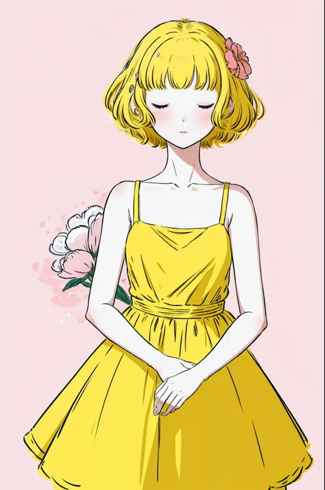 guava, 1girl, solo, closed eyes, yellow dress, hair ornament, short hair, pink background, pink flower, sleeveless, hand up, dress, flower, upper body, hair flower, bangs, simple background, sleeveless dress