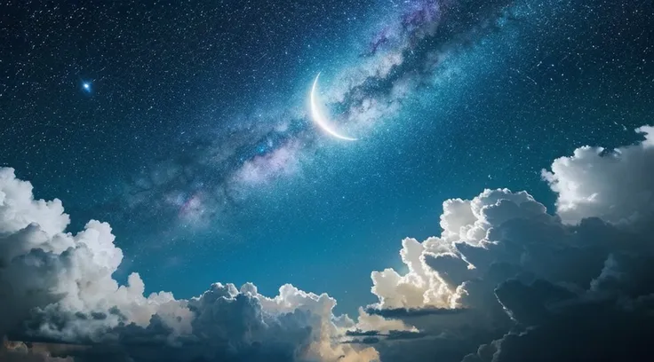 Galaxy-like starry sky, flowing clouds, and moon