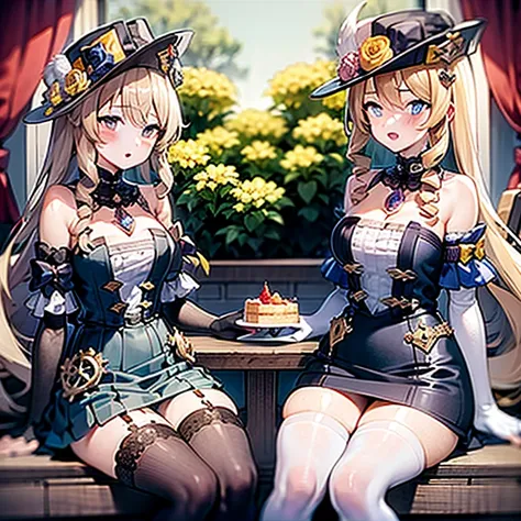 Masterpiece, Best Quality, 2girls, Klonde, Navia, sitting at a table, desserts on the table