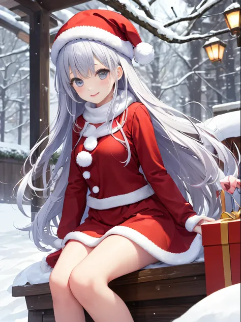 girl 、(outside，Heavy snow、Cover with snow)，background travel、pink long hair girl、beret、bow ribbon、christmas、Exhibited、santa、Red dress、kawaii