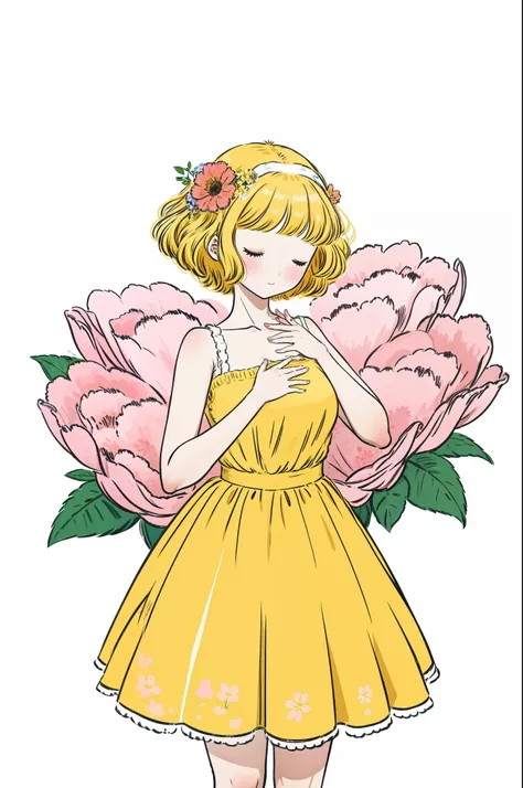 guava, 1个Giant Breast Girl, Alone, With his eyes closed, dress in yellow, hair adornments, short detailed hair, pink back ground, Pink flowers, Sleeveless, Raise Hand, a skirt, florals, The upper part of the body, hairflower, By bangs, simple backgound, sl...