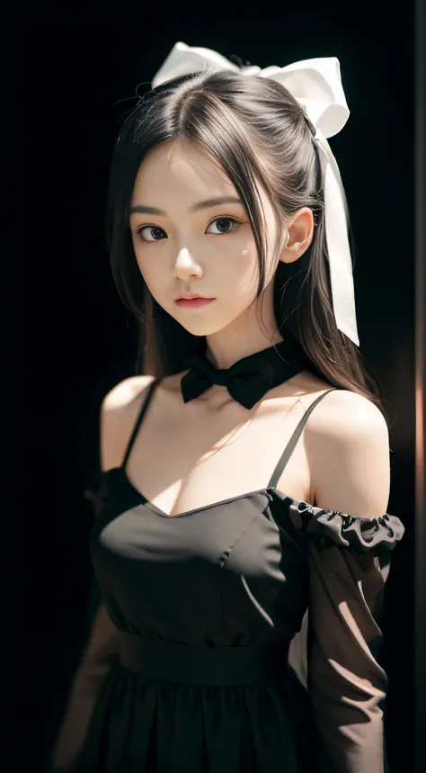 ((masutepiece, Best Quality)),Best aesthetic,1girl in, Solo, Long hair, Black Dress, flower, bow ribbon, Black background, Black hair, Rose, Hair Ribbon, Green eyes, Long sleeves, White Rose, Closed mouth, a black ribbon, Upper body, Cinematic lighting