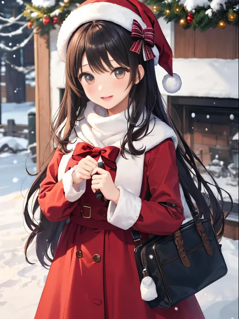 girl 、(outside，Heavy snow、Cover with snow)，background travel、pink long hair girl、beret、bow ribbon、christmas、Exhibited、santa、Red dress、kawaii