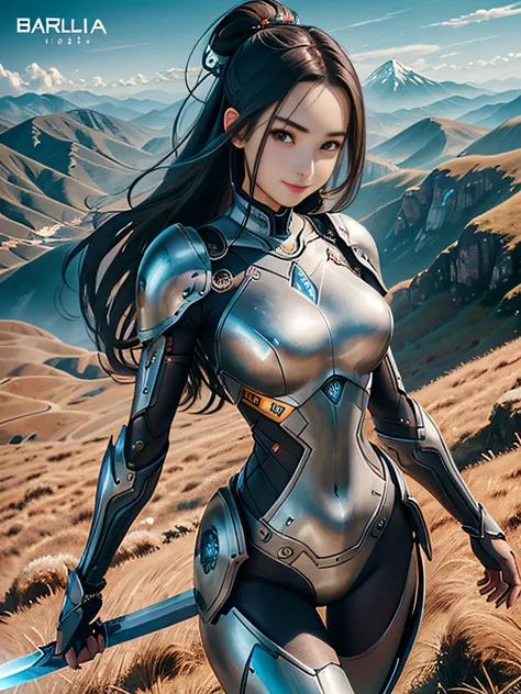 超A high resolution、An ultra-high picture quality、8K、Detailed details、marvelous expression、steel girl、Cyborg girl、slender physique、cabelos preto e longos、Wearing metal armor、with a big sword、Run briskly、Pretty smile、Mountain grassland landscape