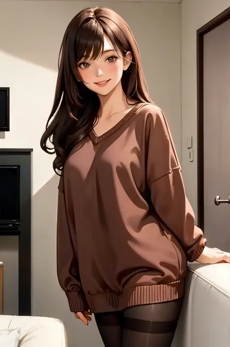 1lady standing, /(oversized sweater/) v-neck, mature female, /(brown hair/) bangs, blush kind smile, (masterpiece best quality:1...