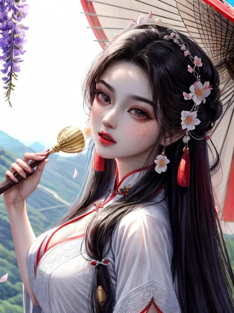 There is a woman in a red dress holding a white umbrella, Traditional Chinese white umbrella, cena de neve selvagem, uma menina em Hanfu, Hanfu, menina chinesa, mulher chinesa, China-style, Hanfu branco, xale vermelho, neve, distant scene a peach blossom t...