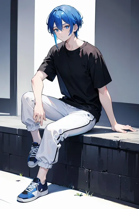 a guy with blue hair, black t-shirt, white pants, black watch, blue eyes, white sneakers