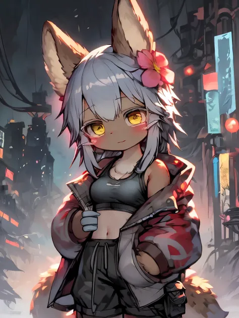 nanachi (made in abyss), nanachipants, nanachihat, in a cyberpunk city, shiny splastic bomber jacket, flowers, brown fur body, big brown ears, white sports bra，Cute and detailed digital art, Very very beautiful furry art, Detailed fanart, high-quality wall...