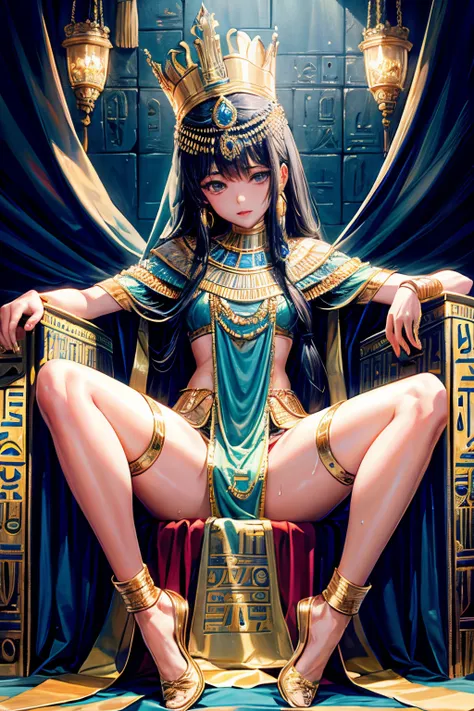 １egyptian princess spreads legs, Royal costume、top-quality、lighting like a movie、full of sweat、prison、sit on the throne and spread your legs、