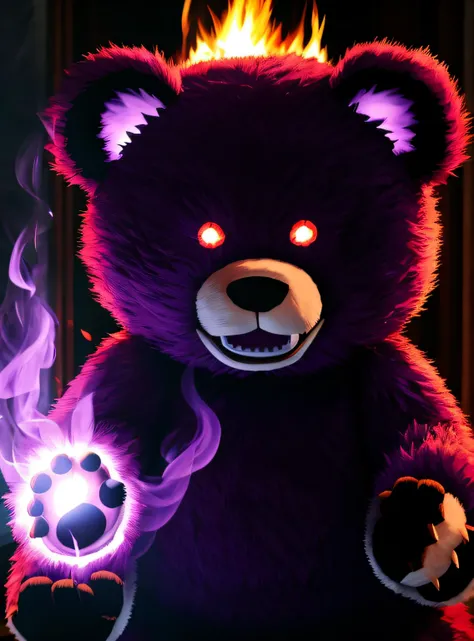 Haunted teddy bear, purple fire burning around, angry, roaring, scary,4k