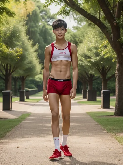 16 years old teenagers , very young , light-skin , wearing an dark red sexy underwear, tmasterpiece，k hd，the feet，Transparent sports vest，semi transparent，black long socks，The barefoot , red colour , handsome and cute , extreme cute boy , white skin , dark...