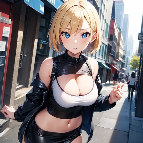 2D Anime Style、Blue eyes、breasts are slightly larger、A cool adult woman with short blonde hair is walking around the city with a cool expression, Wear tops that show cleavage, long court,short tight leather skirt,