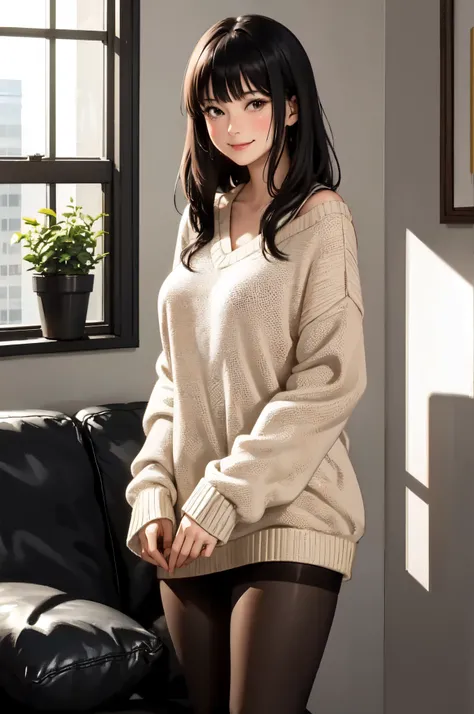 1lady standing, /(oversized sweater/) v-neck, mature female, /(black hair/) bangs, blush kind smile, (masterpiece best quality:1.2) delicate illustration ultra-detailed, large breasts pantyhose BREAK /(modern house living room/) indoors