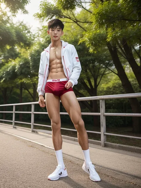 16 years old teenagers , very young , light-skin , wearing an dark red sexy underwear, tmasterpiece，k hd，the feet，Transparent sports vest，semi transparent，black long socks，The barefoot , red colour , handsome and cute , extreme cute boy , white skin , dark...