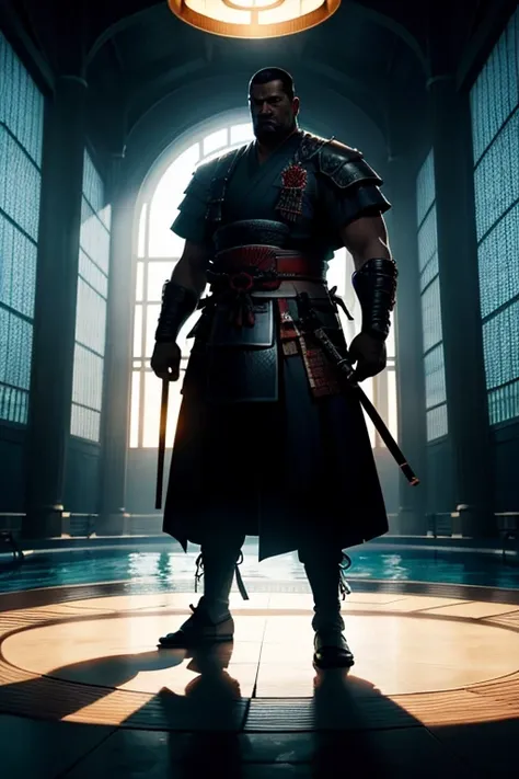 man standing under a pool of light, his own shadow morphing into the imposing figure of a samurai warrior