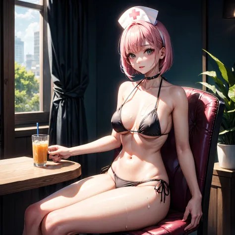 realisitic、top-quality、(One Woman：1.5)、sit a chair、A pink-haired、Medium bob、Milky liquid all over the body,gleaming skin、agitation、Nurse Cap、Black Bikini、Medium chest