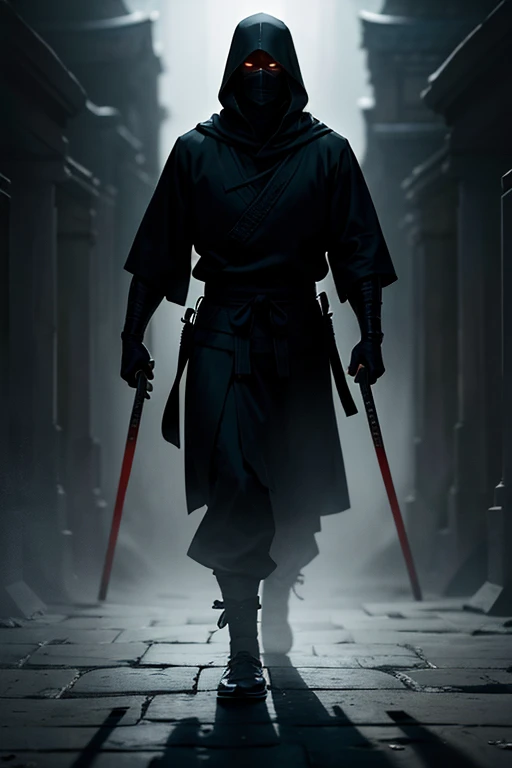 Create an enigmatic scene featuring a hooded figure standing in the shadows, illuminated by a faint light, exuding the aura and spirit of a samurai warrior.