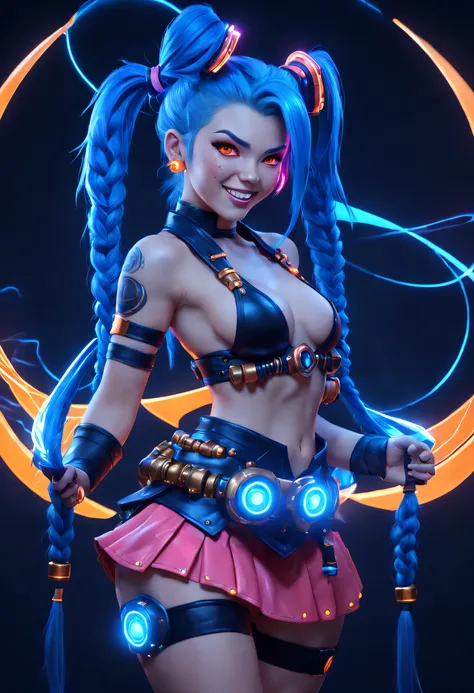 Jinx1024, Game character design，3D character rendering，(((pixar-style)))，League of Legends Jinx，((1girl，(Blue double ponytail: 1.5)，Blue braids，Red eyes，big laughter，future warrior，(Pink mechanical skirt: 1.3)，(A luminous magazine is tied around the waist:...