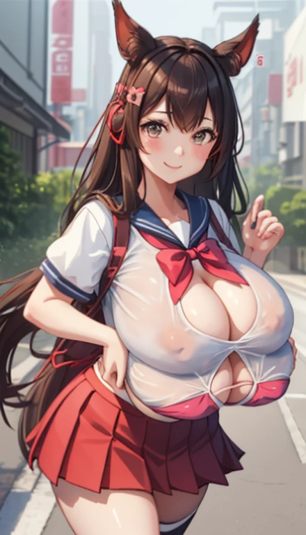 1girl in、AS-Adult、A smile、（Tsundere）、The shirt、skirt by the、Chilarism、Japan High School Student Uniform、serafuku、summer clothing、（Sheer Bra）、Upper body portrait、horse ear（Uma Musume）、Running、Sprinting、(large breasts:1.6), multiple breasts