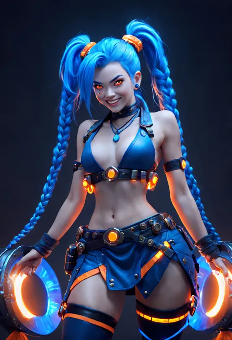 Jinx1024, Game character design，3D character rendering，(((pixar-style)))，League of Legends Jinx，((1girl，(Blue double ponytail: 1.5)，Blue braids，Red eyes，big laughter，future warrior，mechanical skirt，(A luminous magazine is tied around the waist: 1.2)，Decora...