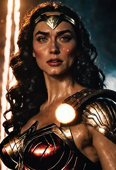 filmstill, DC Wonder Woman close-up, Distorted space, Distorted undead in the background, lens flares, light shafts, intricate details, higly detailed, voluminous lighting, 4k render, Stock Photo, Hyper-realistic, Realistic textures, dramatic  lighting, Un...