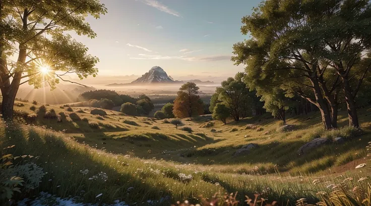 Generate a breathtaking and realistic AI-crafted fantasy landscape set in a verdant expanse. Imagine the sun rising, casting a golden glow on the landscape, evoking a sense of warmth and happiness. Incorporate realistic details such as dewdrops on leaves, ...