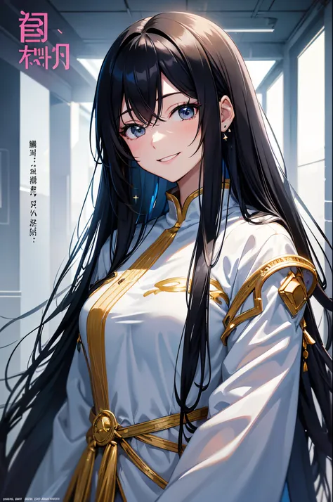 Magazine Cover. Anime. Solo. 1-woman. A young woman with long black hair and black eyes who smiles gently. She is wearing a white clothes embellished in blue. Fantasy theme. Upper body. Half body potrait.