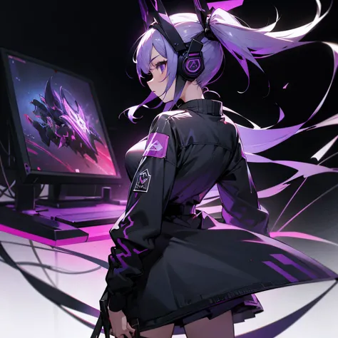 Anime, Girl, Half Body, Back Pose, Looking Back Pose, Black Violet Colors, Jacket, Esports Jersey, Gaming Headset, Clear Black Background