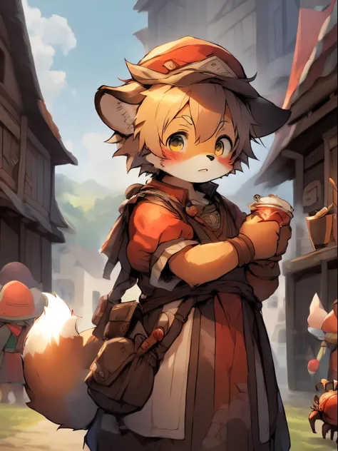 Animation style illustration of fox standing guard in medieval town, Cute and detailed digital art, Very very beautiful furry art, Detailed fanart, high-quality wallpaper, Dress up as a ruffian, furry fantasy art, Popular topics on artstation pixiv, High-q...