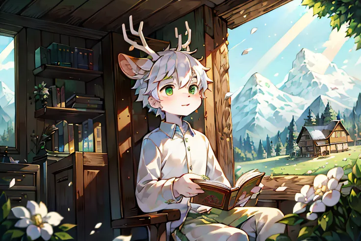 A white deer，Green-eyed，white  clothes，light green decoration，Books，Unfolded book，He is holding a paintbrush in his hand，Under the trees，rays of sunshine，deer antlers，wood cabin in distance，grassy fields，mountain ranges，falling flower petals，nerds，white co...