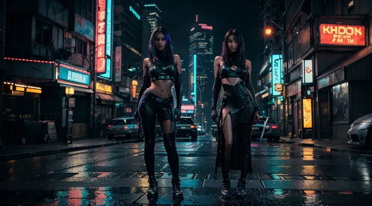 Generate a cinematic and realistic AI-crafted cyberpunk cityscape, featuring a woman standing on a neon-lit road. Envision towering skyscrapers adorned with holographic billboards, casting vibrant reflections on wet pavement. Capture the cyberpunk atmosphe...