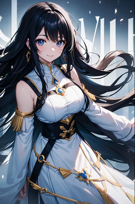 Magazine Cover. Anime. Solo. 1-woman. A young woman with long black hair and black eyes who smiles gently. She is wearing a white clothes embellished in blue. Fantasy theme. Upper body. Half body potrait.